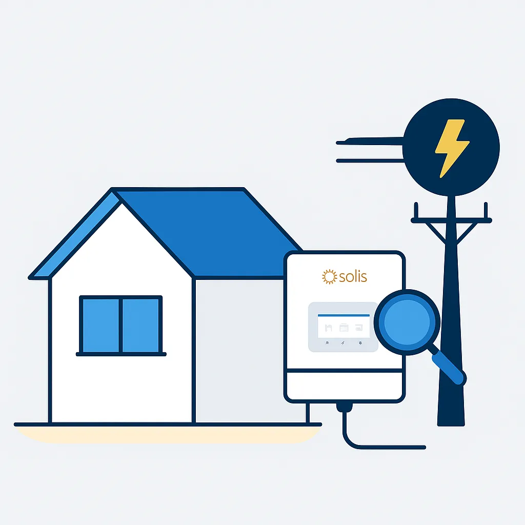 Illustratie van de Solis omvormer die het elektriciteitsnet monitort.