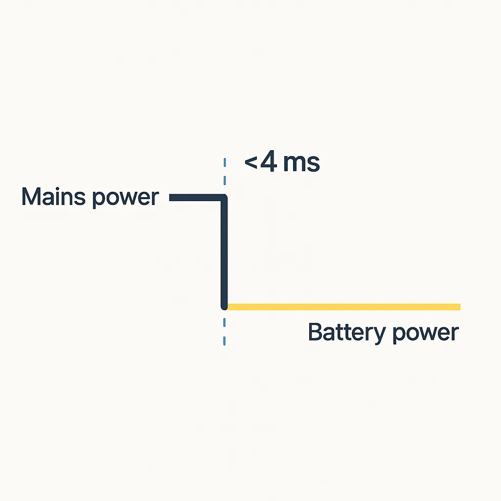 Grafiek die de ultrasnelle (<4ms) omschakeling naar batterijstroom toont.